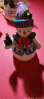 Hand painted Jim Shore snowman figurine with purple knit style hat holding decorated Christmas tree