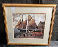 Front view of the framed print showing the coastal dock scene, horse-drawn carriage, figures, and sailboat.