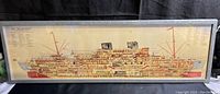 Full view of framed cross section print of the ship M.S. Willem Ruys, showing the detailed interior layout and decks.