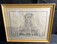 Framed technical engraved print showcasing side sectional drawing of Verfmolen De Kat windmill with visible frame and matting.