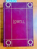 Front cover of the 1895 illustrated edition of The Poetical Works of James Russell Lowell, showing burgundy leather with gold text and laurel wreath designs.