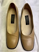 Top view of camel leather shoes showing square toe and interior Amalfi Italy label
