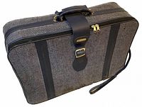 Grey soft suitcase standing upright, showing front side with handle, zippers, and latch.