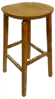 Side and slightly angled view of a 1970s solid wood kitchen bar stool with a round seat, four legs, and cross braces.