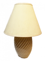 Full view of vintage ceramic table lamp showing beige spiral textured ceramic base and cream/beige fabric lampshade.