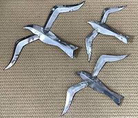 Three metal seagull wall art pieces arranged on carpeted floor showing shape and reflective surfaces.