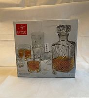 Box front showing Bormioli Rocco branding and product image of decanter and tumblers filled with whiskey.