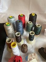 Photo showing large reels of thread in various colors including red, blue, green, brown, gray, black, and white arrangement in a cluster on white surface.