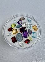 Top-down view of 16 loose gemstones in a clear round display case on white background.