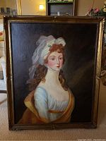 Full view of the antique framed portrait painting showing a woman in a bonnet and period attire.