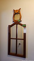 Photo showing the owl shaped wood framed mirror above a large rectangular multi-pane wood framed wall mirror with door reflection