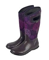 Full pair of purple floral pattern rain boots with side handles and rubber lower portion.