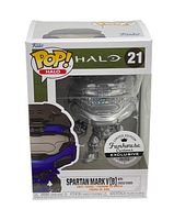Front view of Funko Pop! Halo Spartan Mark V [B] figure in box showing Funhouse exclusive sticker and figure details.