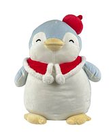 Front view of penguin plush showing full figure, facial expression, and outfit details with red scarf and hat.