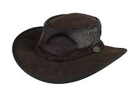 Side view of Red Rocks brown safari style hat with mesh crown and braided band with medallion.
