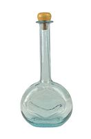 Front view of tall colored glass bottle with heart-shaped embossing and wooden stopper on top.