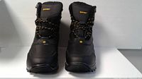 Front view of the pair of black Hi-Tec Snow Peak men's winter boots, showing lacing and padded ankle collar.