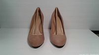 Front view of the pair of brown suede high heel shoes showing pointed toes