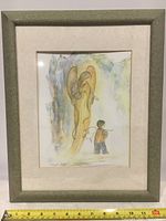 Framed watercolor painting showing overall view with measuring tape indicating size.