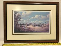 Framed lithograph titled "Threshing Gang" by Hubert J. Theroux, showing the overall artwork and frame.