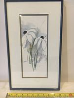 Full view of the framed watercolor painting with measuring tape showing frame width about 10 inches.
