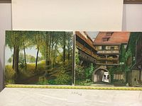 Pair of oil paintings showing size with measuring tape beneath each: two mounted canvases, forest and architectural scenes by M. Van De Velde.