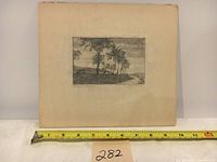 Full view of vintage pencil sketch on mat with measuring tape showing approx 10 x 9 inch mat size and sketch about 5 x 3.5 inches.