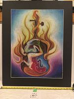 Frontal view of the large original oil pastel artwork of a violin matted in black. Includes measurement tape showing mat width of 26 inches and height of 32 inches.