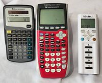 Front view of TI-30XA Solar School Edition calculator, TI-84 Plus Silver Edition calculator, and i-Clicker 2 remote showing overall condition and missing back on TI-84.
