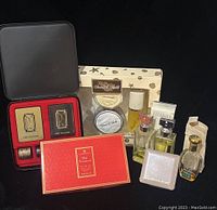 Full lot with vintage perfume jars, Sand and Sable set, Facial-Flex box, and Fine Cologne poker card set