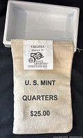 Canvas bag marked 'Virginia Quarters (P)', $25 face value from US Mint 1998 State Quarters series.