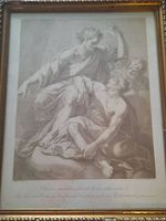 Framed view of antique etching showing full artwork and frame