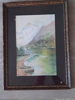 Framed antique watercolour and gouache painting showing entire artwork and frame condition.