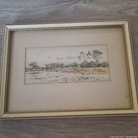 Framed small antique watercolour painting of a natural landscape with water and trees, shows overall condition and framing.