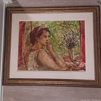 Full frontal view of framed oil painting with mat and gold-tone frame.