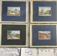 Four framed watercolor landscape paintings by R Mur Velasquez displayed together showing varied matt colors and glass framing.