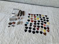 Wide shot of all guitar parts and picks for overview