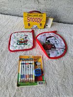 Full display of the vintage Snoopy lot showing the lunchbox, oven mitt, pot holder, and coloring pencils on a white textured surface.
