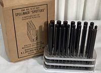 Photo of Spellmaco Spotters set in original box showing 17 transfer punch tools in metal rack.