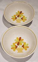 Pair of vintage Noritake Versatone Patches large serving bowls, top-down view showing basket flower design inside bowls.
