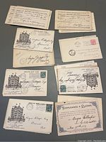 Group of old Canadian postcards and a temperance pledge document, showing postmarks, stamps, inscriptions, and building illustrations.