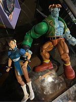 Photo showing two Street Fighter action figures: Chun-Li and Dan Hibiki. Chun-Li wears blue qipao and white boots; Dan Hibiki is much larger, in green and blue gi with brown pants.