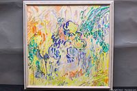 Full image of framed abstract oil painting with colorful brushstrokes in tones of yellow, green, orange, blue, purple.