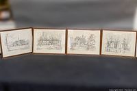 Four framed black pencil sketches by Charles H. Overly showing colonial architectural scenes, arranged side by side