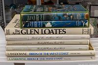 Photo of eight bird art and reference books stacked, showing titles and spine details.