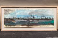 Full view of framed acrylic painting showing landscape scene with trees and sky in shades of blue, teal, brown, and black ink details.