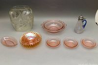 Full lot including pink handled bowl, dessert bowls, clear embossed bird vase, and glass cruet