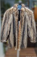 Full front view of raccoon fur coat, hanging on black hanger, shows overall condition and fur pattern.