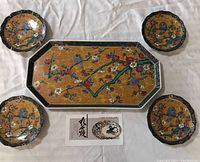 Photo of the sea set showing tray and four saucers with matching Kutani Ware designs