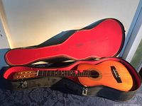 Trump student guitar laying in open hard case with red velvet interior.